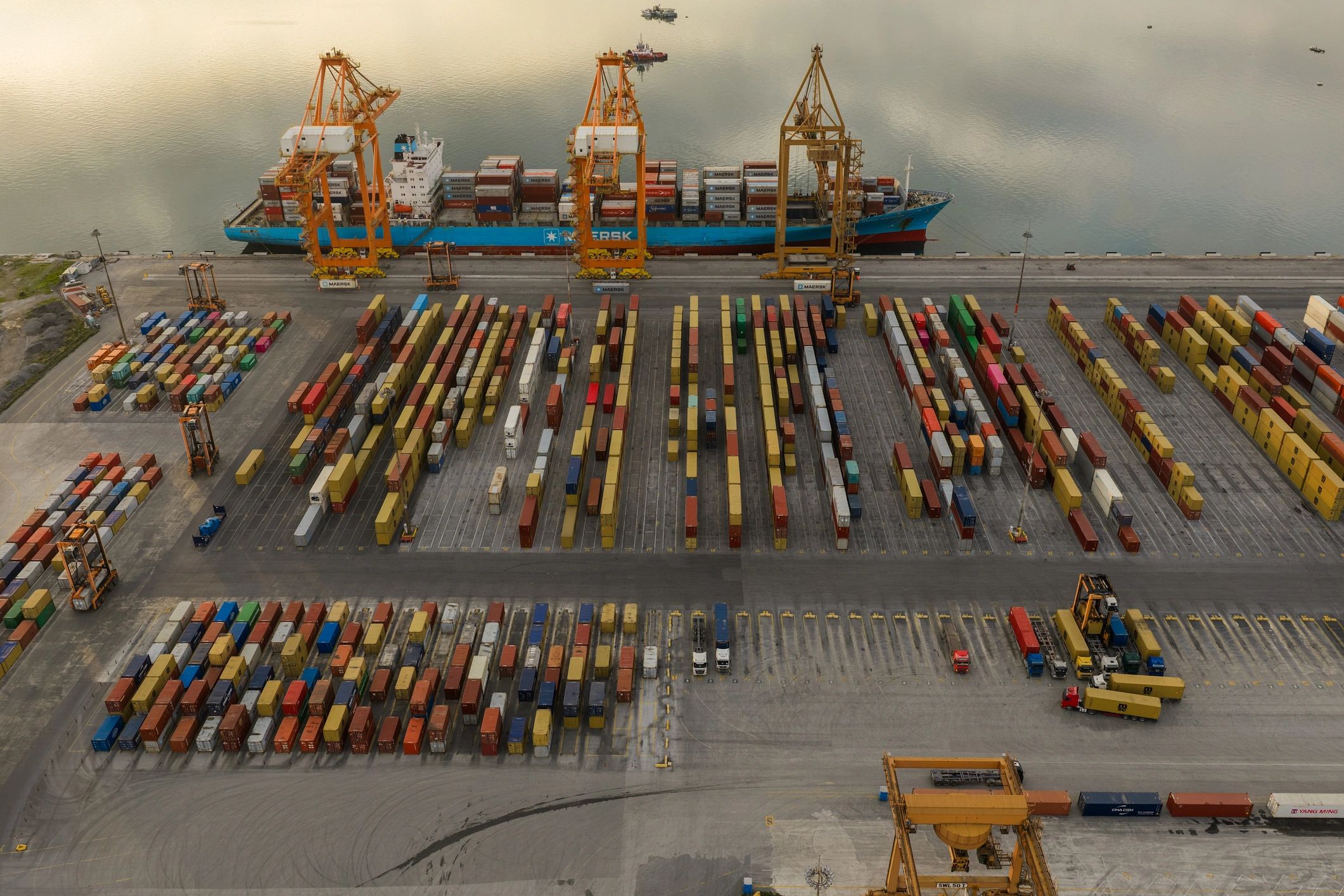 Busy international container port supporting import operations